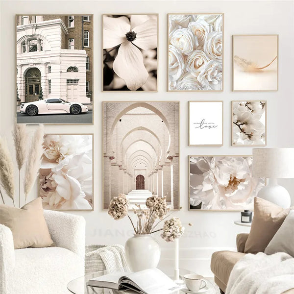 Nordische Wandkunst auf Leinwand – Beiges Blumenmotiv im modernen Boho-Stil