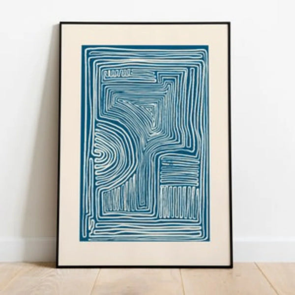 Minimalistische Wanddekoration – Blauer Line-Art-Druck als Mid-Century Leinwandposter