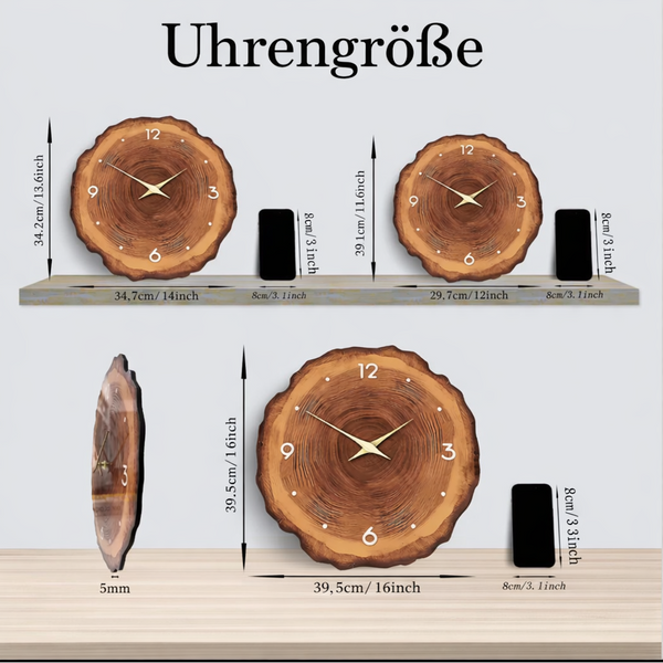 Holzring Wanduhr aus Furnier – flaches Holzquerschnitt-Design mit natürlicher Maserung, Massivholz-Optik, geräuschloses Uhrwerk