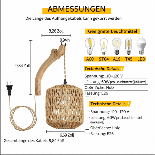 LED Rattan Wandlampe E27 – Boho Wandleuchte aus Rattan mit Hanfseil, Retro Licht