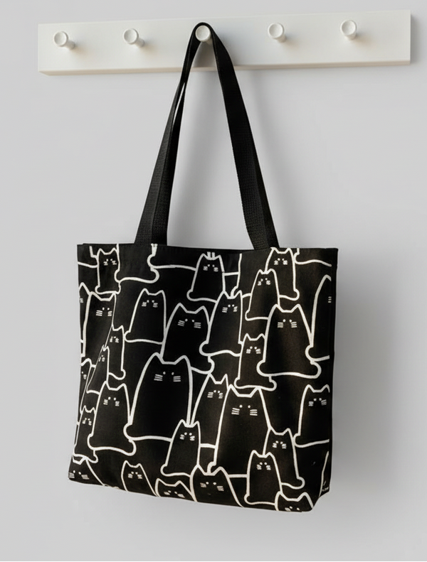 Leinen Schultertasche Katze – Süße Casual Shopper Bag im Cartoon-Stil