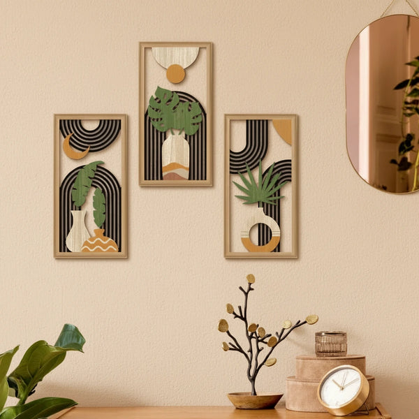 3er Set Boho Holzbilder – Retro Rustikales Blattdesign, Wanddekoration für Wohnzimmer & Schlafzimmer