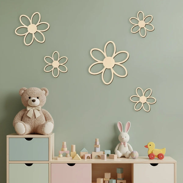 Hölzerne Gänseblümchen Wandaufkleber – 5 Stück, wiederverwendbar