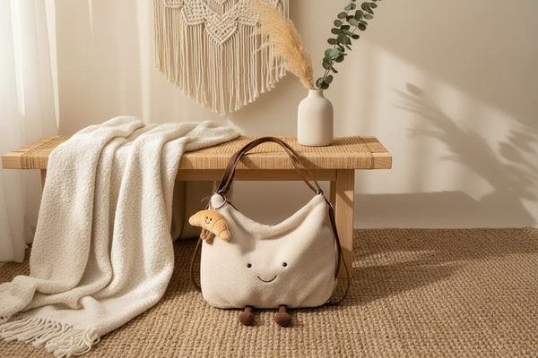 Niedliche Kunstlammfell Croissant Umhängetasche Damen – Preppy Stil Plüsch Tasche große Kapazität