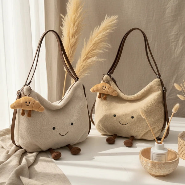 Niedliche Kunstlammfell Croissant Umhängetasche Damen – Preppy Stil Plüsch Tasche große Kapazität
