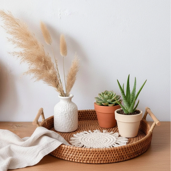 Geflochtenes Rattan Tablett & Aufbewahrungskorb - Küchen-Organizer mit Bauernhaus-Charme
