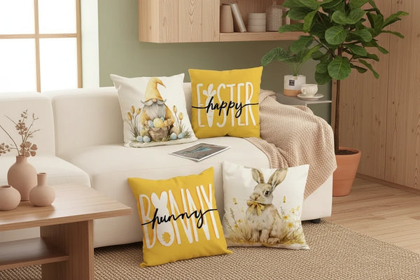 Oster-Kissenbezüge 45 × 45 cm – 4er-Set mit Hasenmotiv & Frühlingsdesign