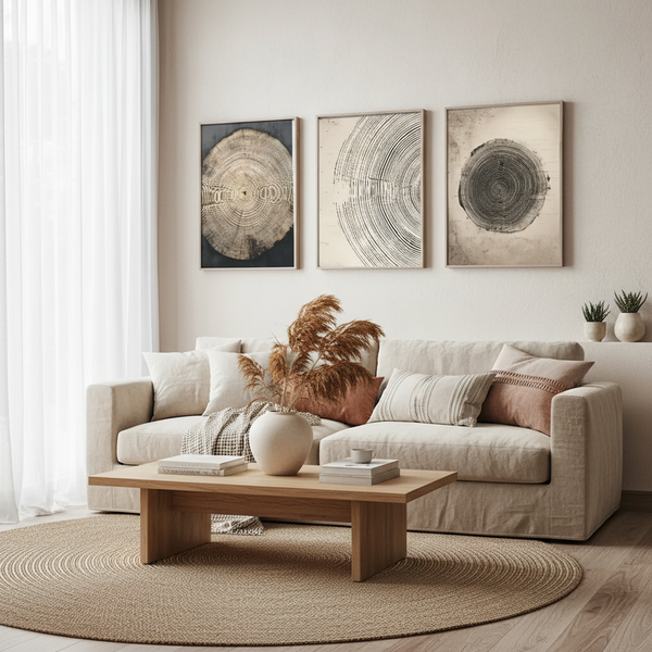 Boho Leinwandbilder 3er Set – Abstrakte Baum Ringe für Wohnzimmer Wand