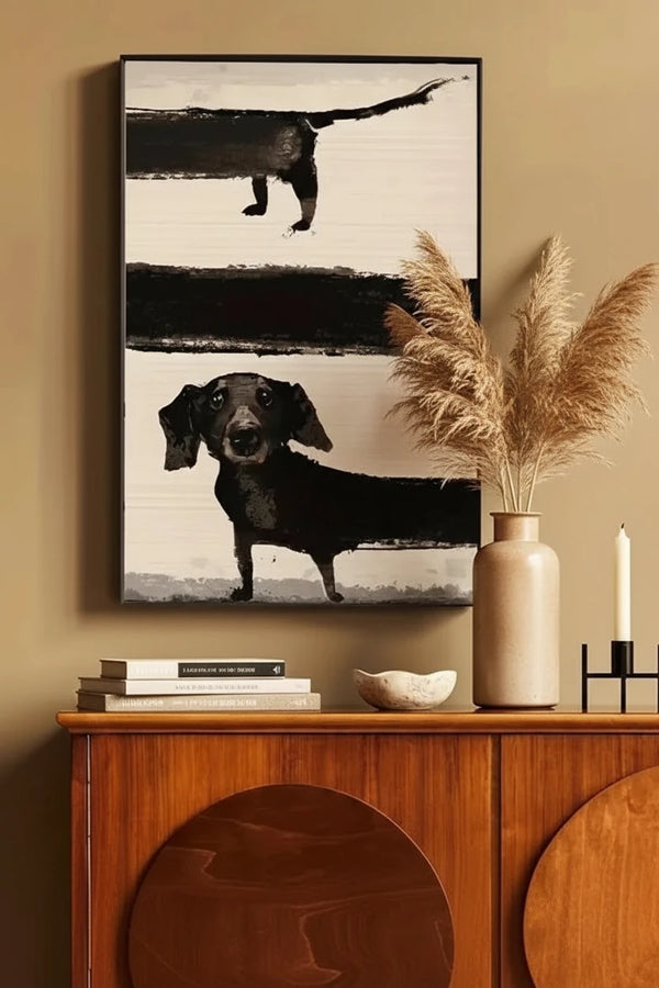Lustiges Dackel Wandposter – Retro Leinwandgemälde für Tierliebhaber, Moderne Wohnzimmerdeko