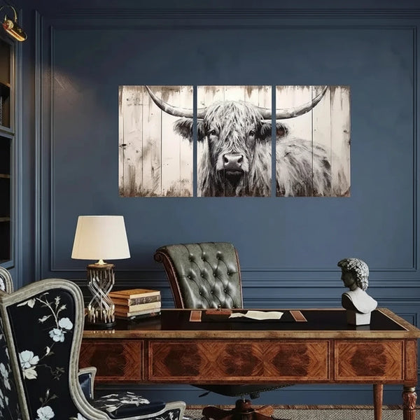 3-teiliges Vintage Hochlandkuh Leinwandbild Set – Extra Große Schwarz-Weiß Bauernhaus Wandkunst, Ungerahmte Tierdrucke