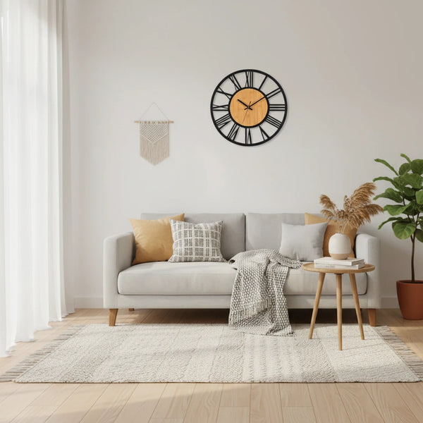 Nordic 3D Wanduhr Groß – Holz & Metall mit römischen Ziffern, leise & stilvoll