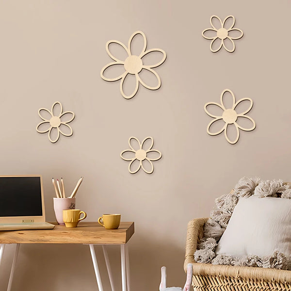 Hölzerne Gänseblümchen Wandaufkleber – 5 Stück, wiederverwendbar