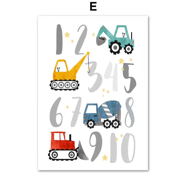 Nordic Kinderzimmer Leinwand – Cartoon Auto, Buchstaben & Zahlen Poster