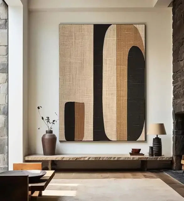 Minimalistische abstrakte Wandkunst – Strukturiertes Leinwandbild in Braun & Schwarz