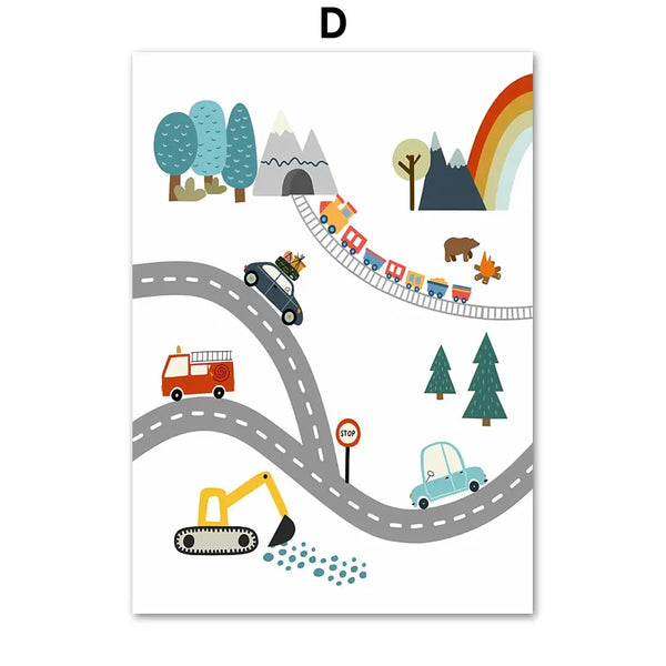 Nordic Kinderzimmer Leinwand – Cartoon Auto, Buchstaben & Zahlen Poster