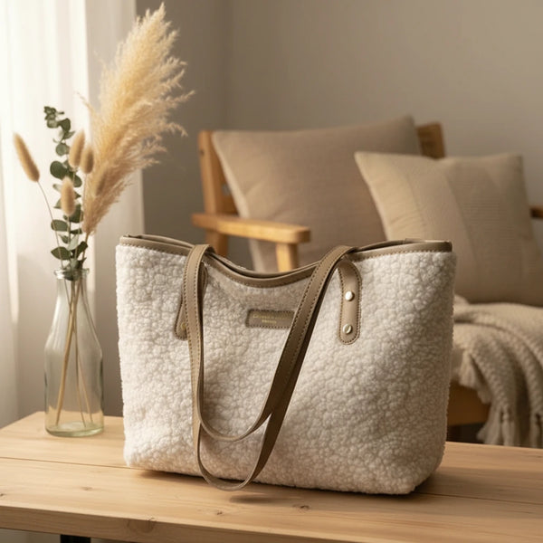 Damen Shopper aus Teddyfell – Trendige Tote Bag Schultertasche weich & geräumig