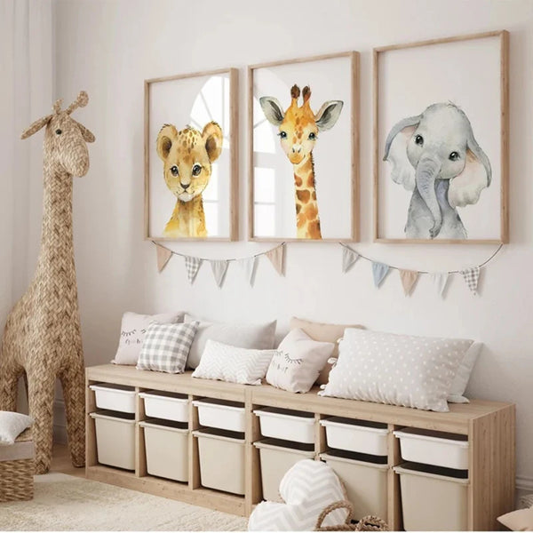 3er-Set Safari Kinderzimmer – Nordische Wandbilder mit Tiermotiven