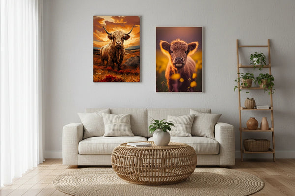 Schottische Highland Kuh Leinwand Poster – Nordic Natur Landschaft Wandkunst für Wohnzimmer & Bauernhaus Dekor