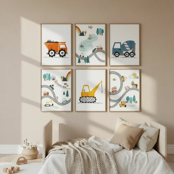 Nordic Kinderzimmer Leinwand – Cartoon Auto, Buchstaben & Zahlen Poster