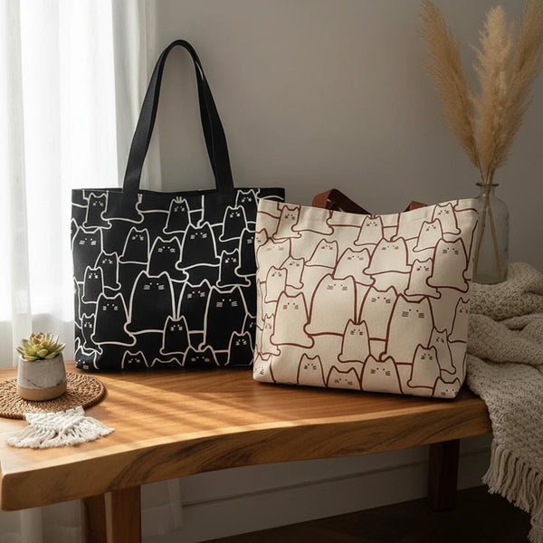 Leinen Schultertasche Katze – Süße Casual Shopper Bag im Cartoon-Stil