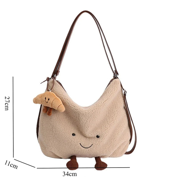 Niedliche Kunstlammfell Croissant Umhängetasche Damen – Preppy Stil Plüsch Tasche große Kapazität