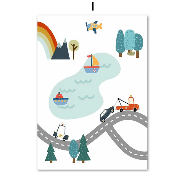 Nordic Kinderzimmer Leinwand – Cartoon Auto, Buchstaben & Zahlen Poster