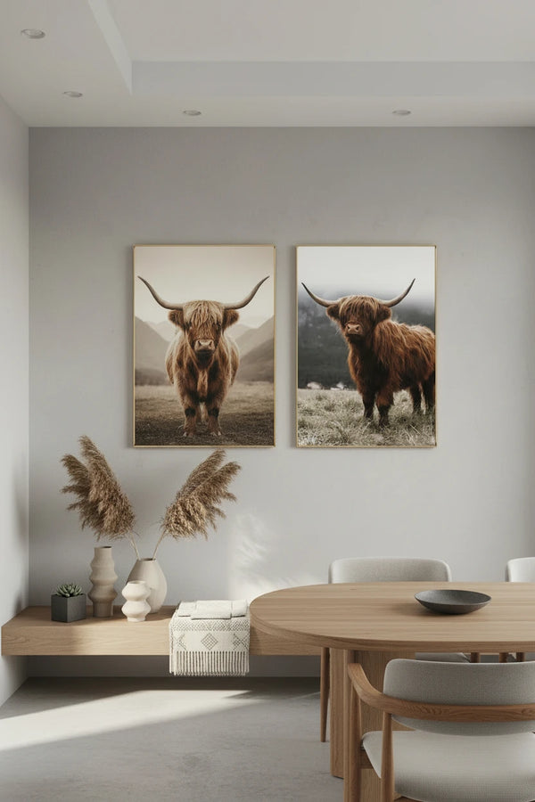 Schottische Highland Kuh Leinwand Poster – Nordic Natur Landschaft Wandkunst für Wohnzimmer & Bauernhaus Dekor