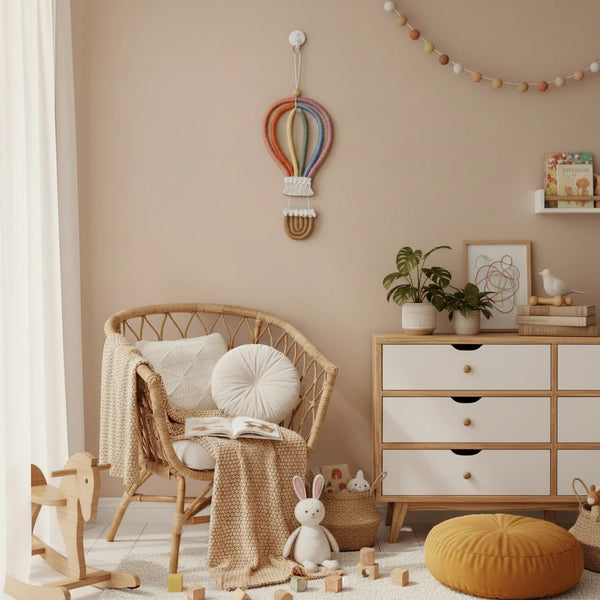 Makramee Regenbogen Heißluftballon – Hängedekoration für Kinderzimmer | Skandinavische Wanddekoration