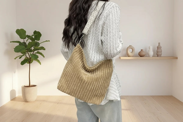 Lässige Cord-Umhängetasche für Damen – Große modische Tasche