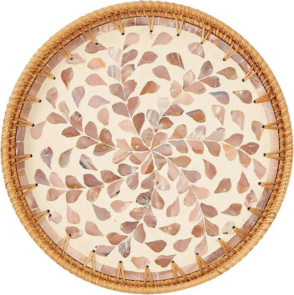 Rundes Rattan-Tablett mit Perlmutt-Inlay, Rattan-Serviertablett mit Holzsockel, Aufbewahrung und Präsentation von Kaffee, Brot, Lebensmitteln, Obst