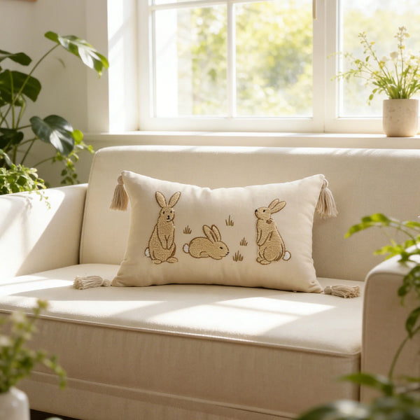 Frühlings-Ostern-Dekor-Kissenbezug, 45 x 45 cm, 30 x 50 cm, 3D-gesticktes Hasen-Design auf weichem Baumwollleinen für Wohnzimmer und Schlafzimmer