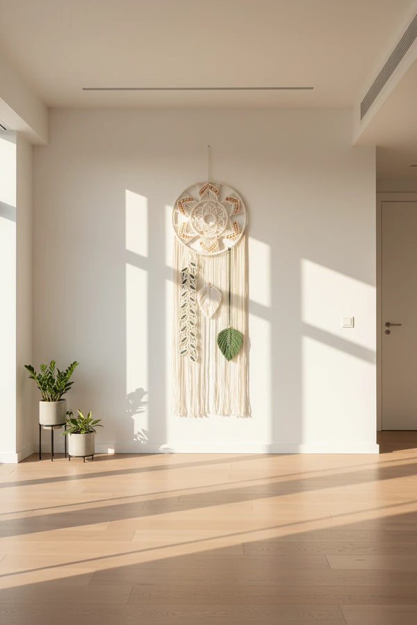 Großer Makramee Traumfänger – Boho Wandbehang mit gewebten Blättern