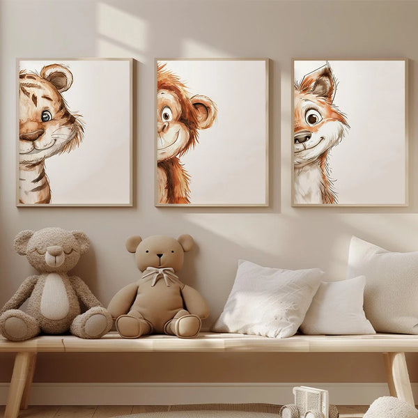 Niedliche Tiere Aquarell Poster – Elefant, Löwe & Co. | Kinderzimmer Leinwand