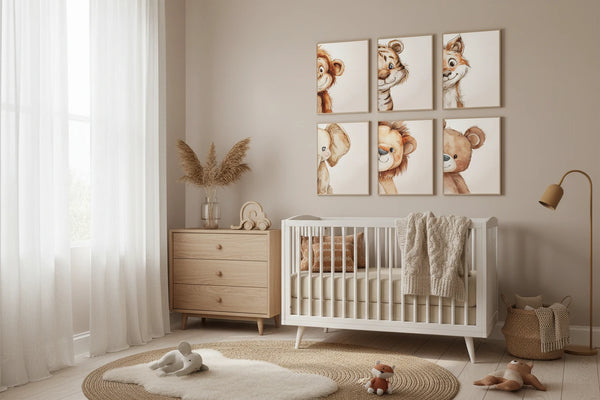 Niedliche Tiere Aquarell Poster – Elefant, Löwe & Co. | Kinderzimmer Leinwand