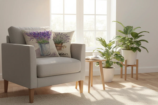 Lavendel Blumen Kissenbezug 45x45 cm – Leinen Dekokissen für Hochzeit & Zuhause (einseitig bedruckt)