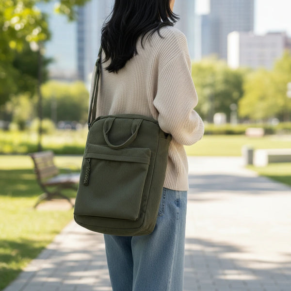 Cord-Umhängetasche für Damen – Große Casual Einkaufstasche mit mehreren Fächern