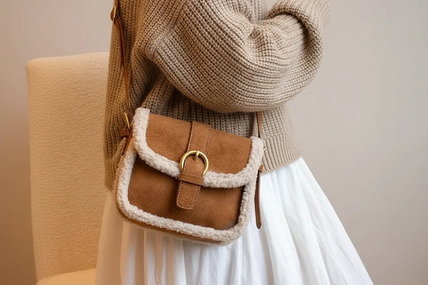 Patchwork Schultertasche Retro – Umhängetasche aus Wildleder & Lammwolle