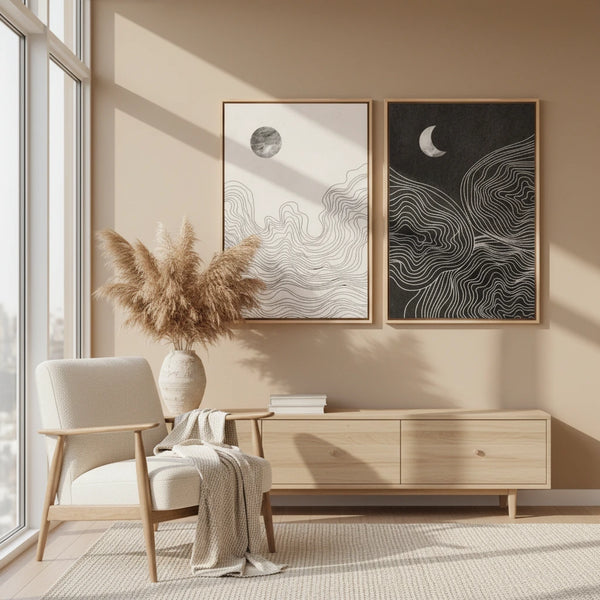 Abstrakte Boho Linienkunst – Sonnen Mond Bild