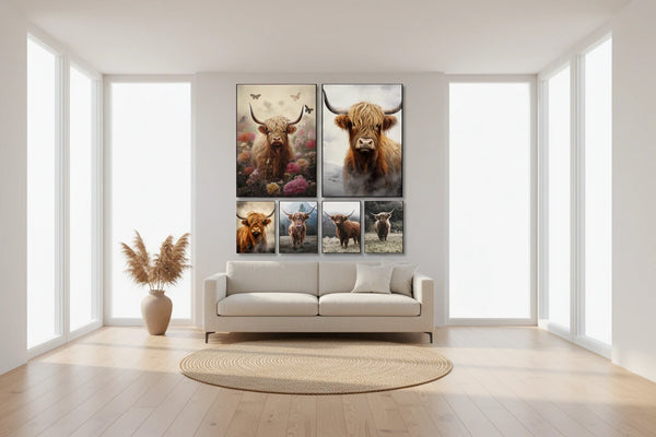 Schottische Highland Kuh Leinwand Poster – Nordic Natur Landschaft Wandkunst für Wohnzimmer & Bauernhaus Dekor