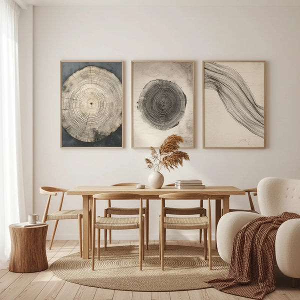 Boho Leinwandbilder 3er Set – Abstrakte Baum Ringe für Wohnzimmer Wand