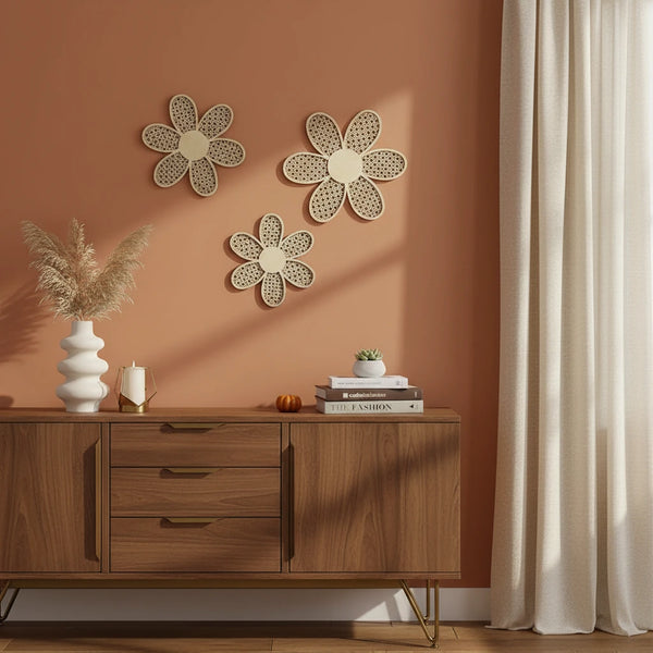 Wanddekoration aus Holzimitat & Rattan – 3er Set im Boho Stil