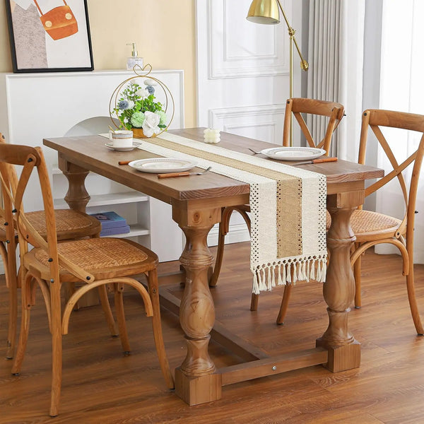 Boho Tischläufer aus Leinen & Baumwolle – handgestickt mit Quasten