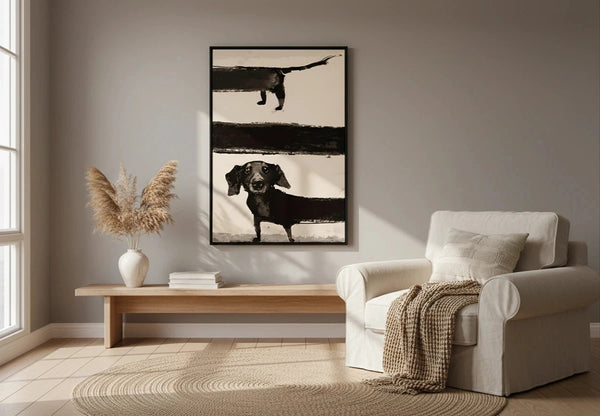 Lustiges Dackel Wandposter – Retro Leinwandgemälde für Tierliebhaber, Moderne Wohnzimmerdeko