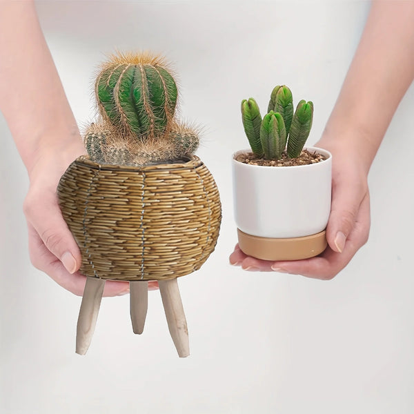 Rattan Pflanzkorb mit Holzbeinen – Gewebter Aufbewahrungs- & Pflanzkorb für Innen- & Außenbereich