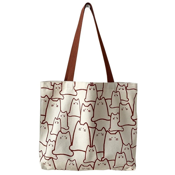Leinen Schultertasche Katze – Süße Casual Shopper Bag im Cartoon-Stil
