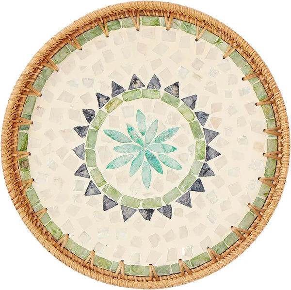 Rundes Rattan-Tablett mit Perlmutt-Inlay, Rattan-Serviertablett mit Holzsockel, Aufbewahrung und Präsentation von Kaffee, Brot, Lebensmitteln, Obst