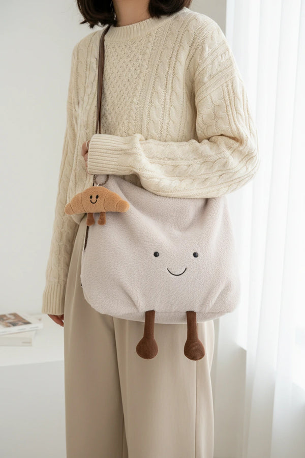 Niedliche Kunstlammfell Croissant Umhängetasche Damen – Preppy Stil Plüsch Tasche große Kapazität