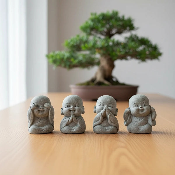 4er-Set Buddha Steinstatue & Mönche – Zen Deko für Zuhause