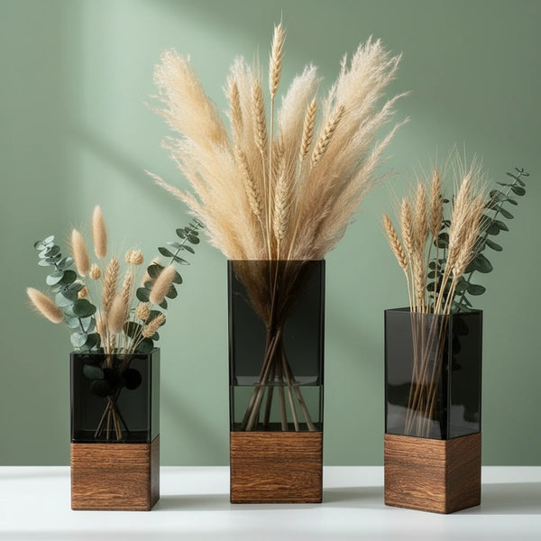 Nordische Acrylvase mit Holzsockel – Moderne Wohnzimmer Deko