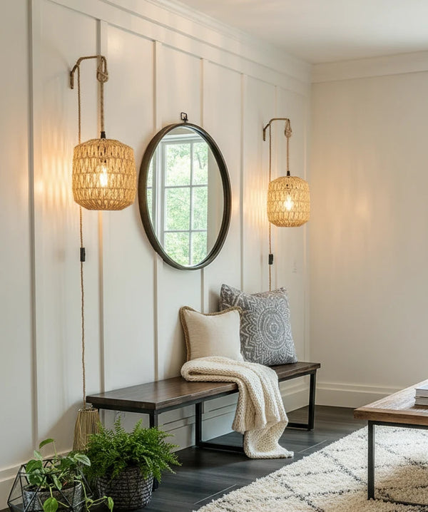 LED Rattan Wandlampe E27 – Boho Wandleuchte aus Rattan mit Hanfseil, Retro Licht